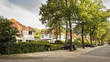 Rij met huizen, omringd door bomen